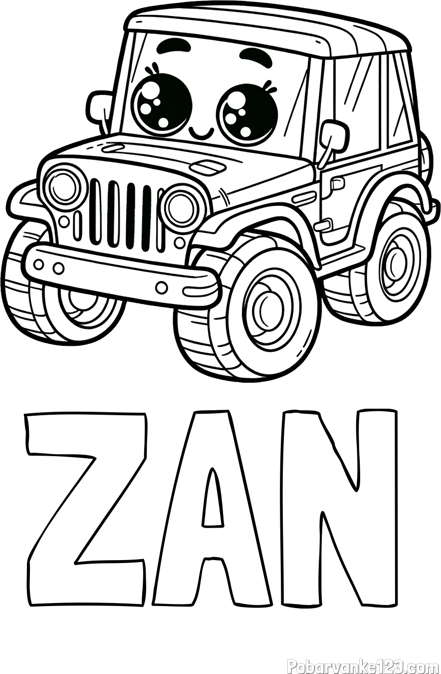 Pobarvanka imena ŽAN in otroška pobarvanka nasmejanega jeep-a