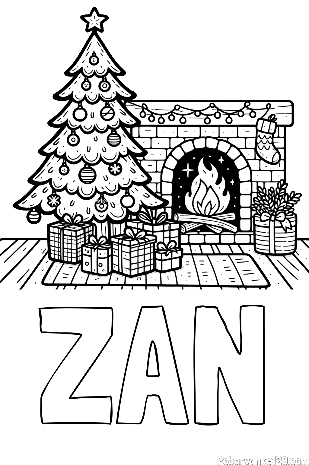 Pobarvanka imena ŽAN in pobarvanka božične noči z božično smrečico, darili ter kaminom