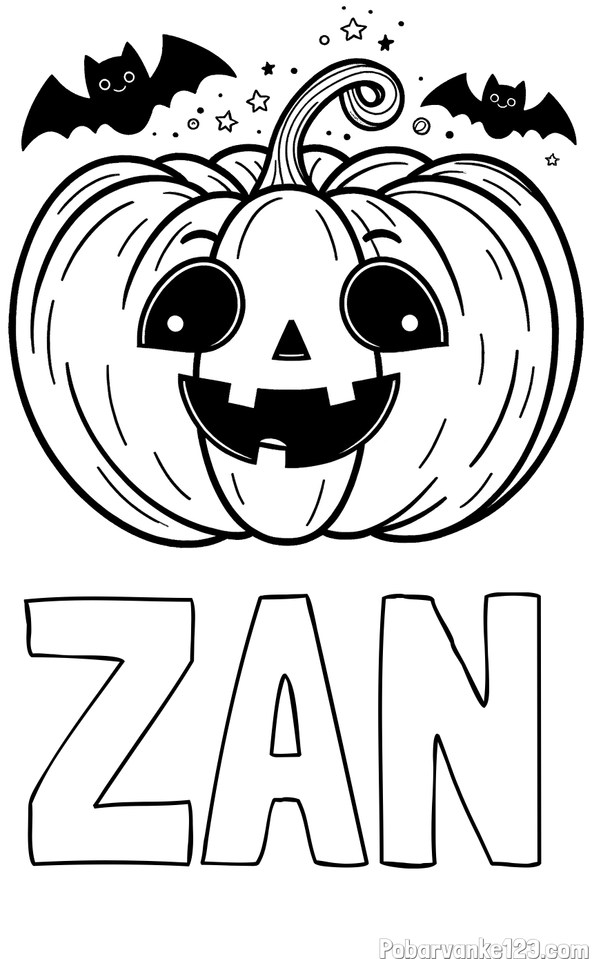 Pobarvanka imena ŽAN in pobarvanka nasmejane buče ter dveh netopirjev za noč čarovnic