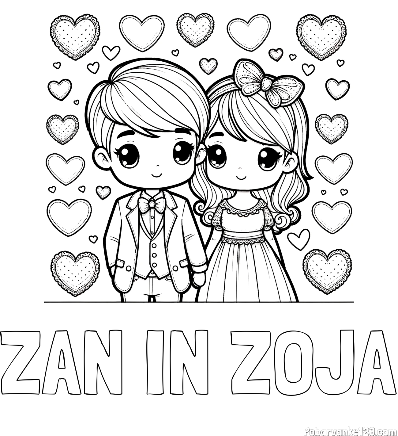 Pobarvanka imena ŽAN IN ZOJA in pobarvanka dveh zaljubljencev s srčki