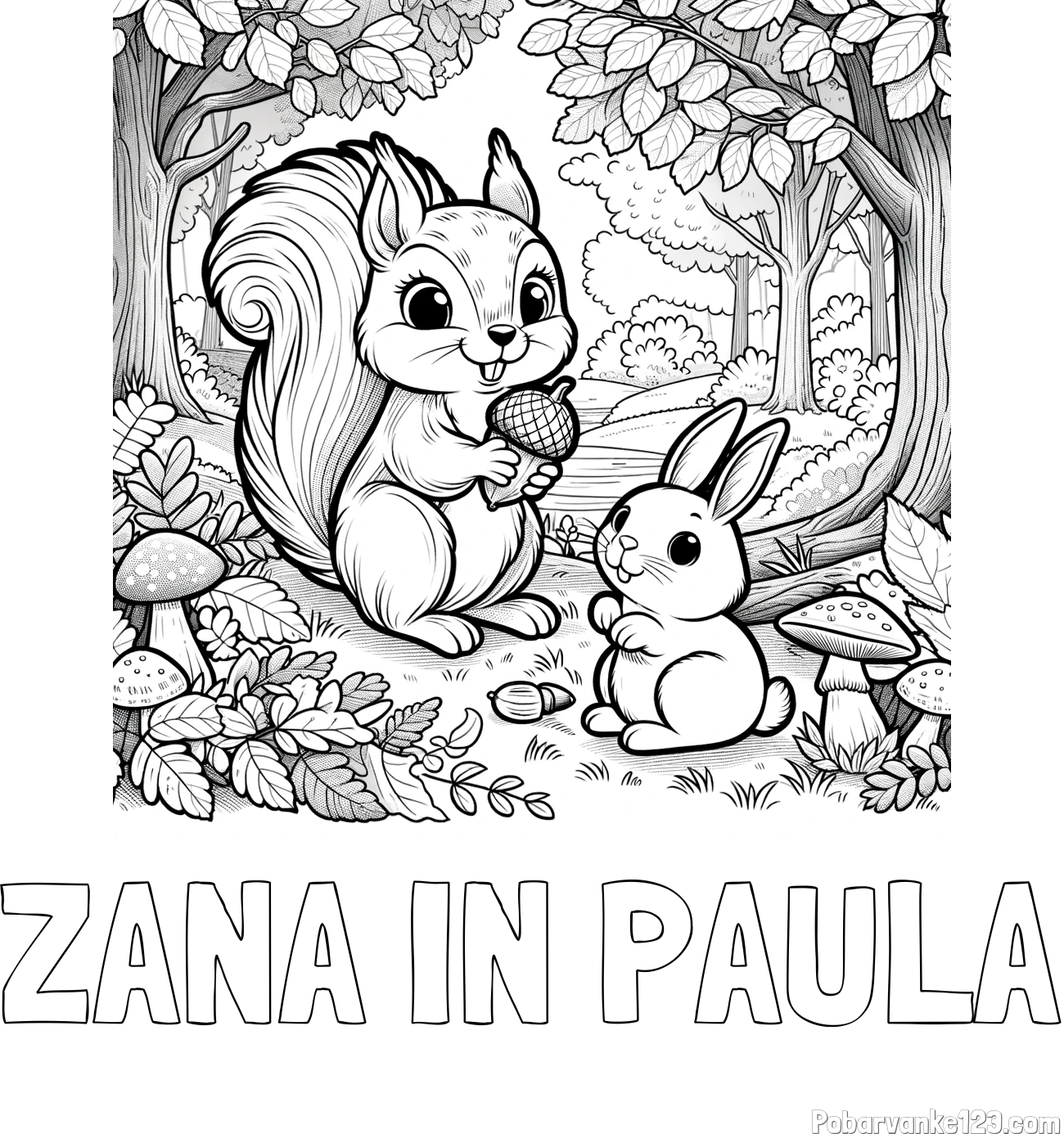 Pobarvanka imena ŽANA IN PAULA in pobarvanka veveričke in zajčka v gozdu