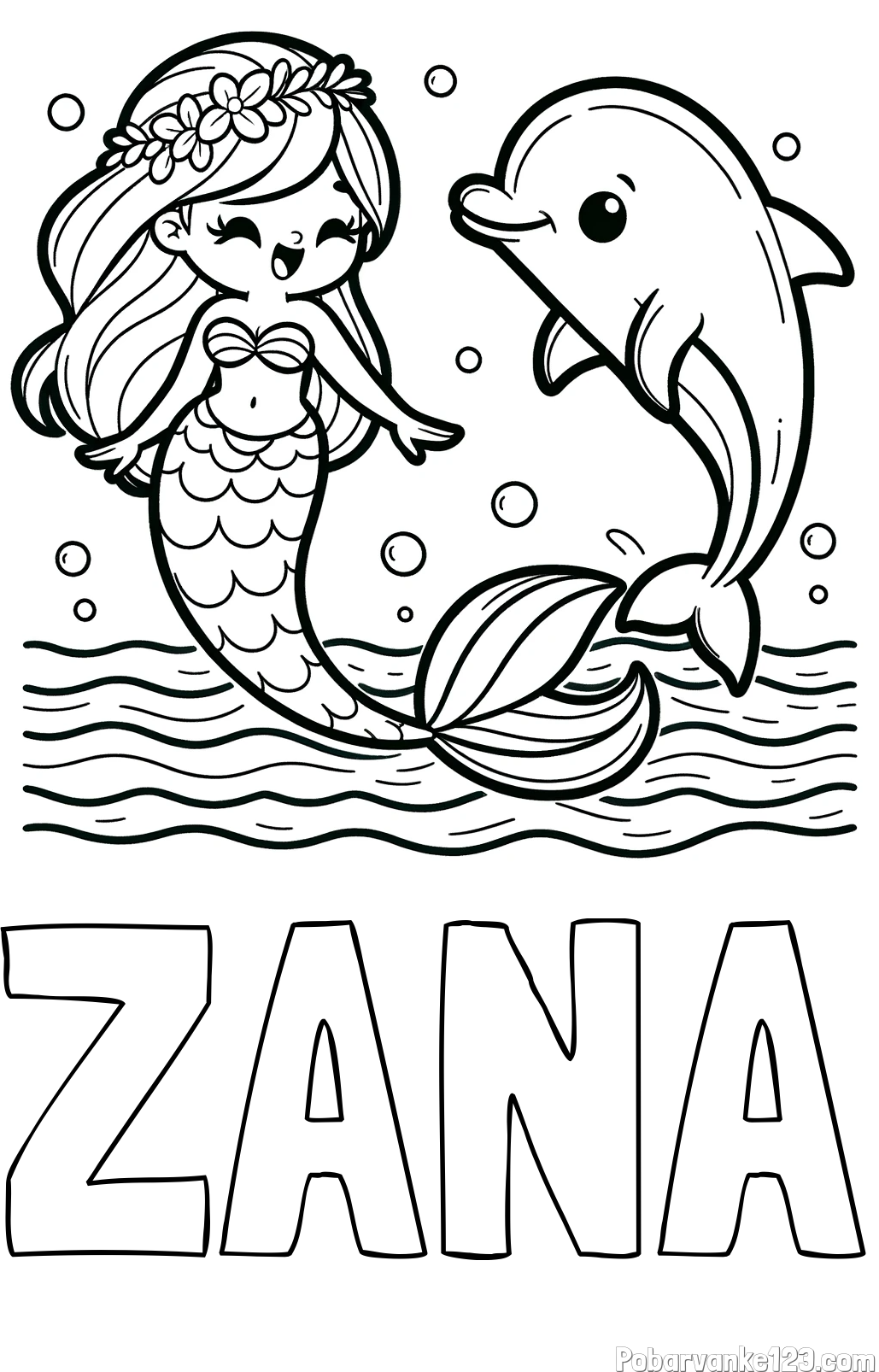 Pobarvanka imena ŽANA in pobarvanka ljubke morske deklice, ki pleše z delfinom