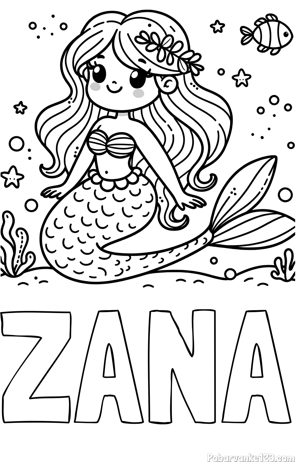 Pobarvanka imena ŽANA in pobarvanka ljubke morske deklice v morju