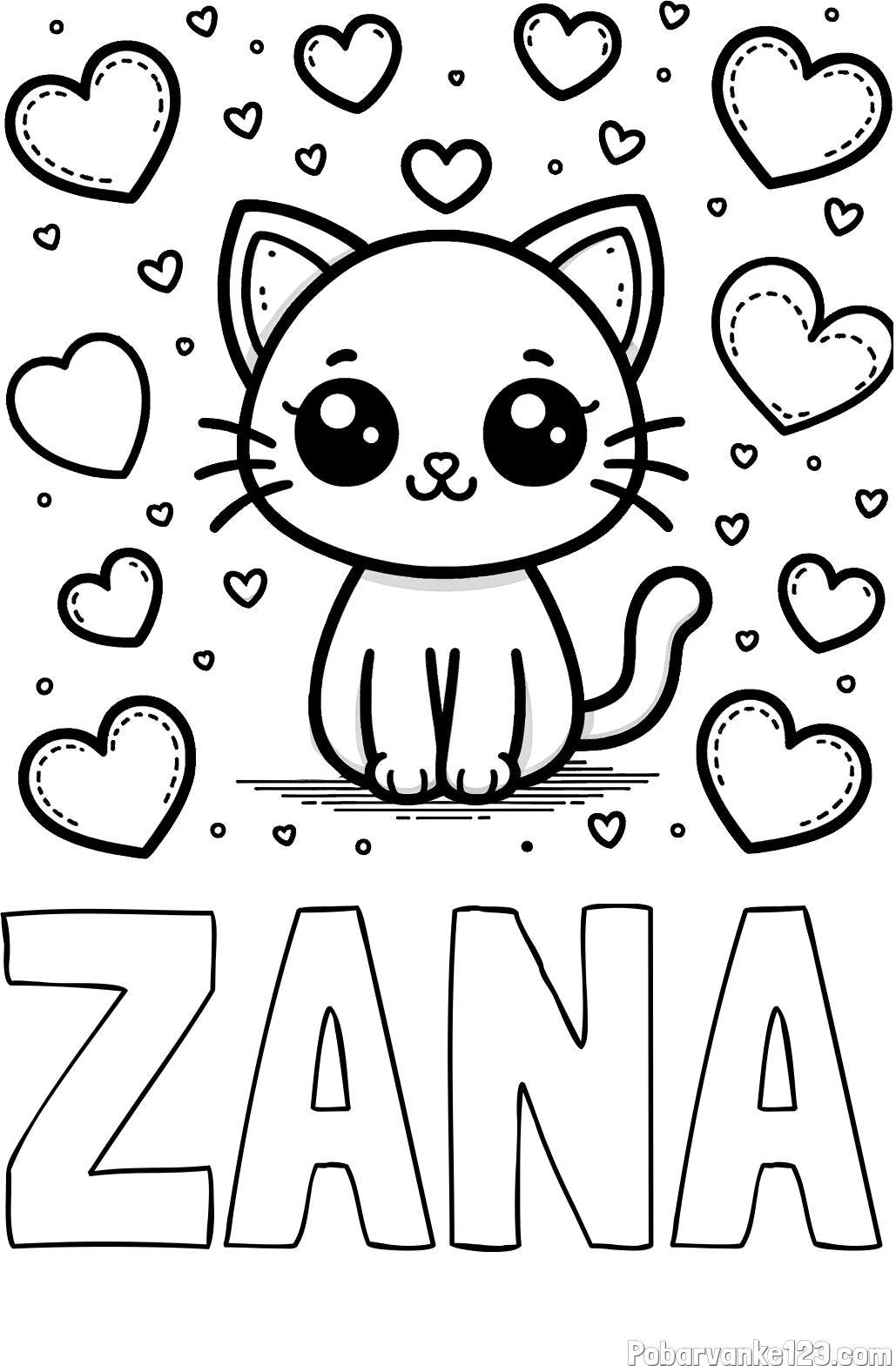 Pobarvanka imena ŽANA in pobarvanka ljubke mucke obdane z veliko srčki