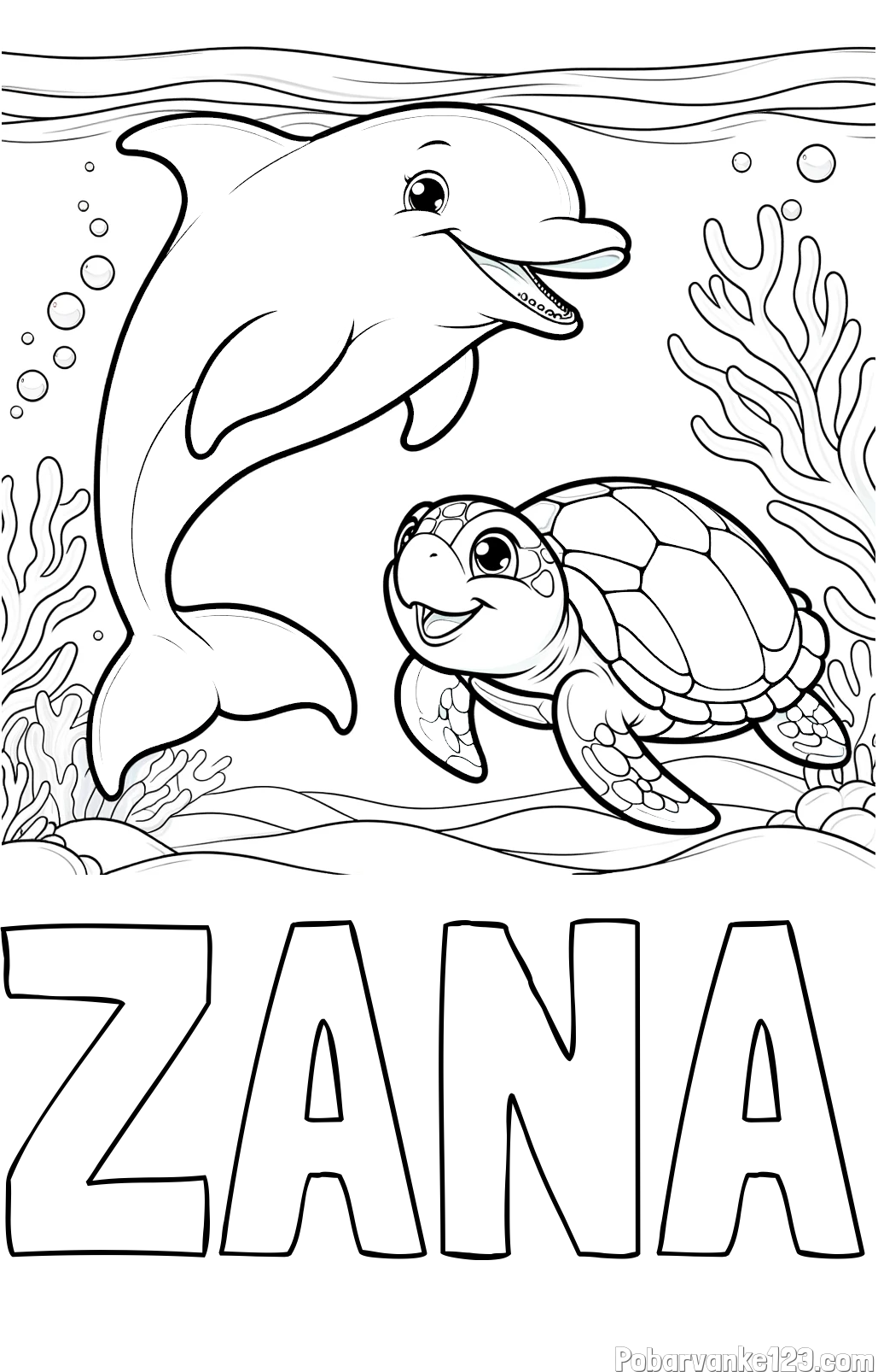 Pobarvanka imena ŽANA in pobarvanka ljubkega delfina z želvo v morju