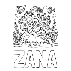Pobarvanka imena ŽANA in pobarvanka prikupne male morske deklice