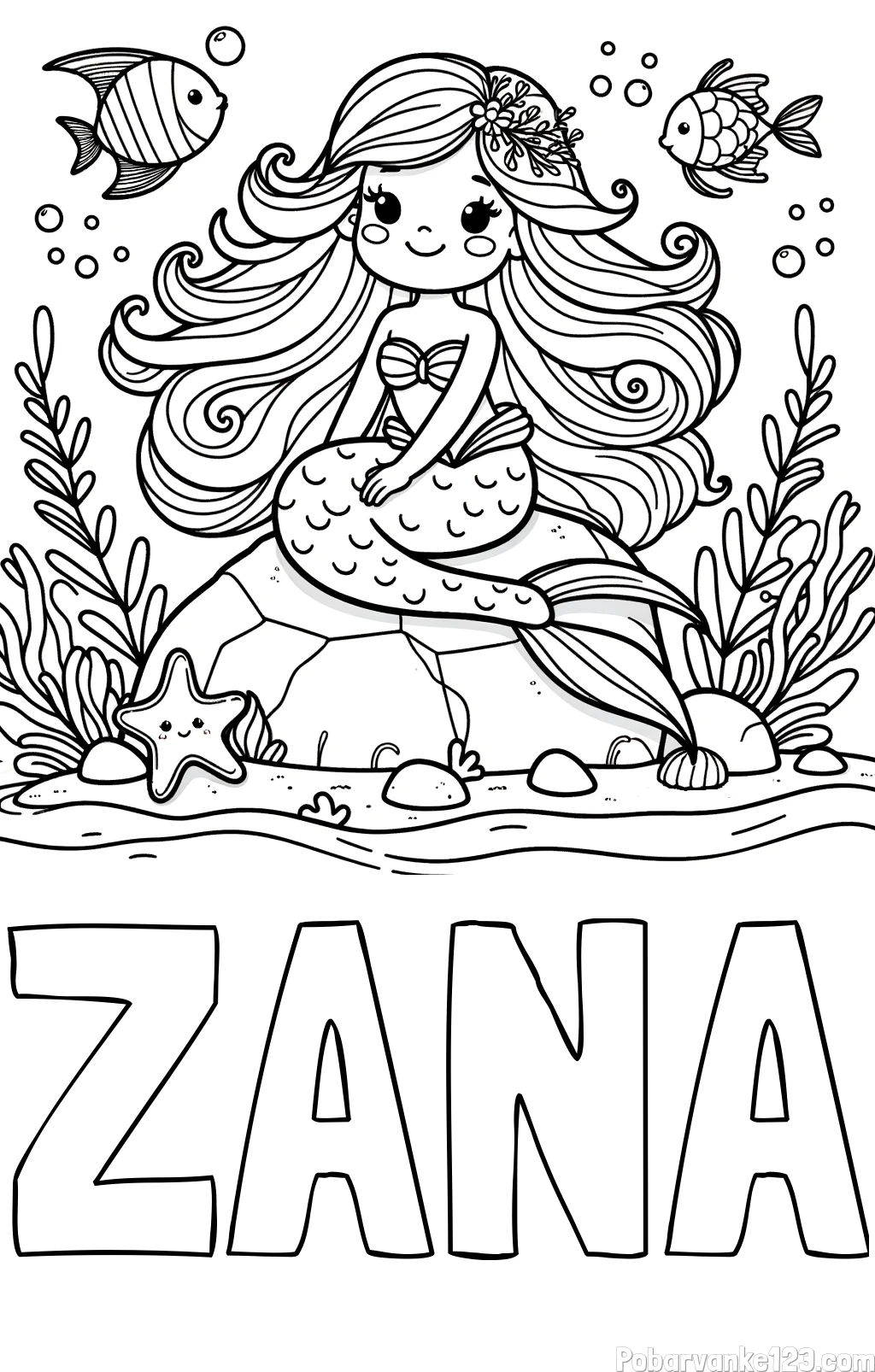 Pobarvanka imena ŽANA in pobarvanka prikupne male morske deklice