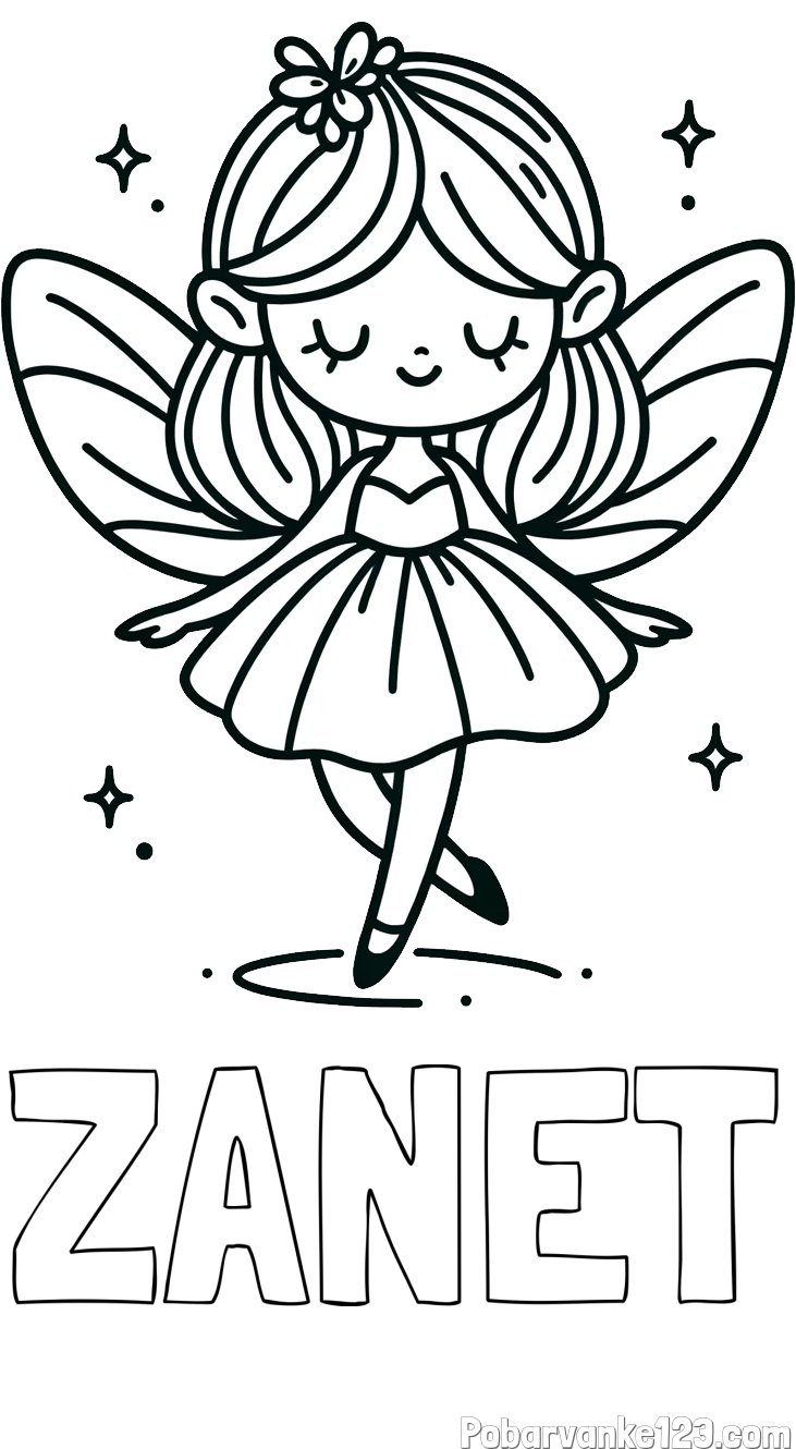 Pobarvanka imena ŽANET in enostavna pobarvanka čarobne vile