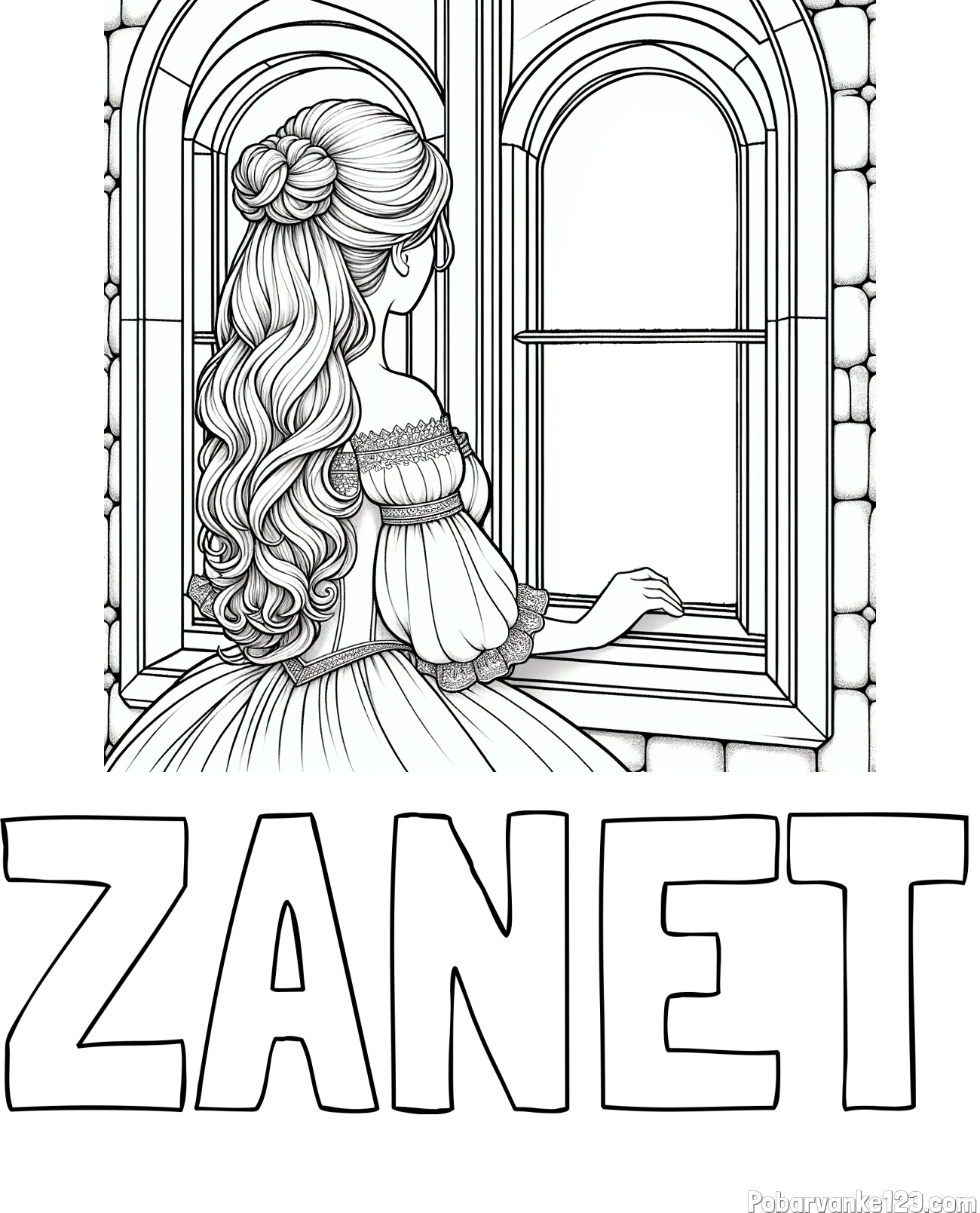 Pobarvanka imena ŽANET in pobarvanka princese, ki gleda skozi okno