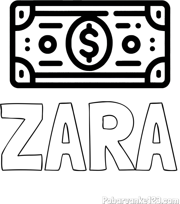 Pobarvanka imena ZARA in otroška pobarvanka bankovca