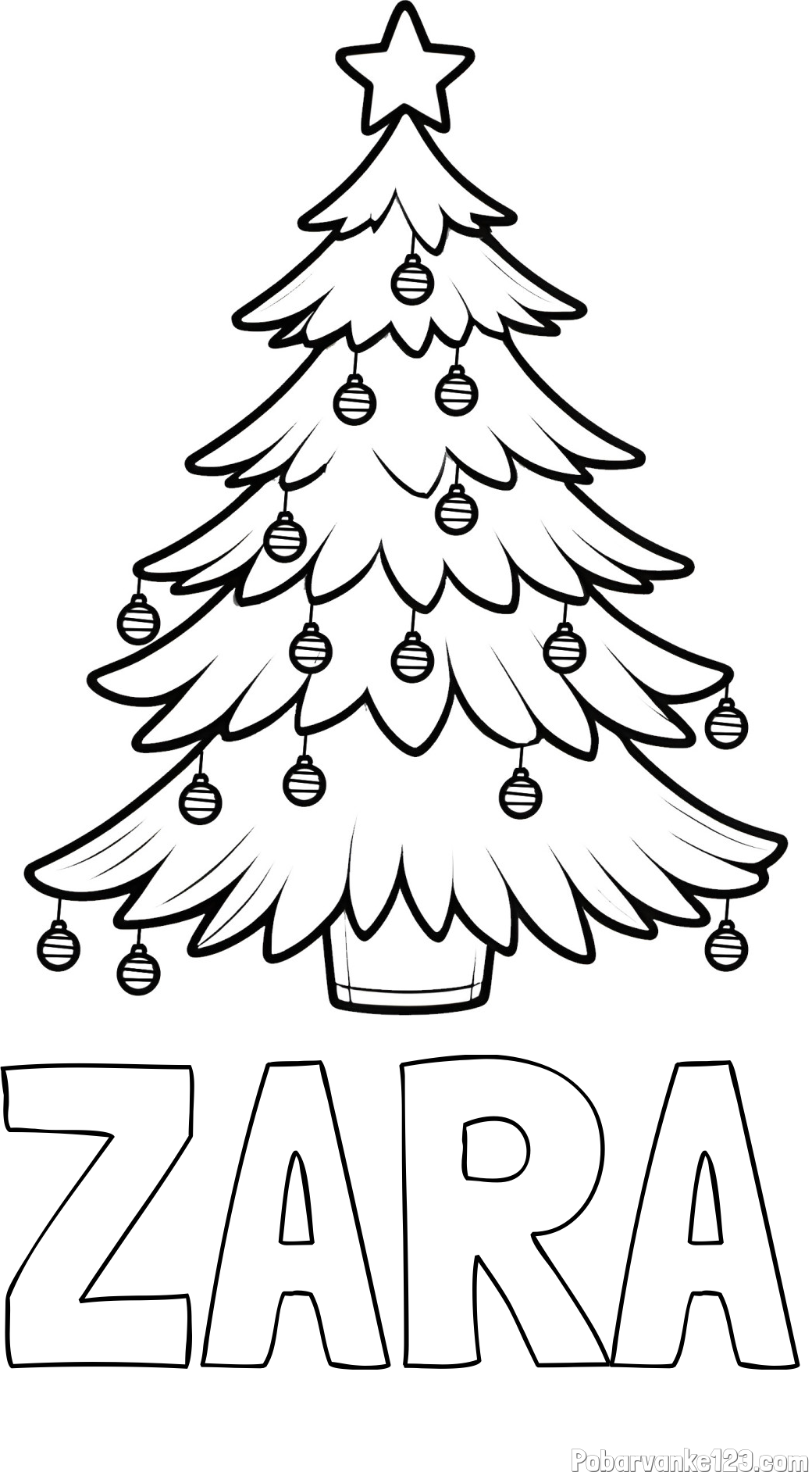 Pobarvanka imena ZARA in pobarvanka božične jelke z božično zvezdico in bunkicami