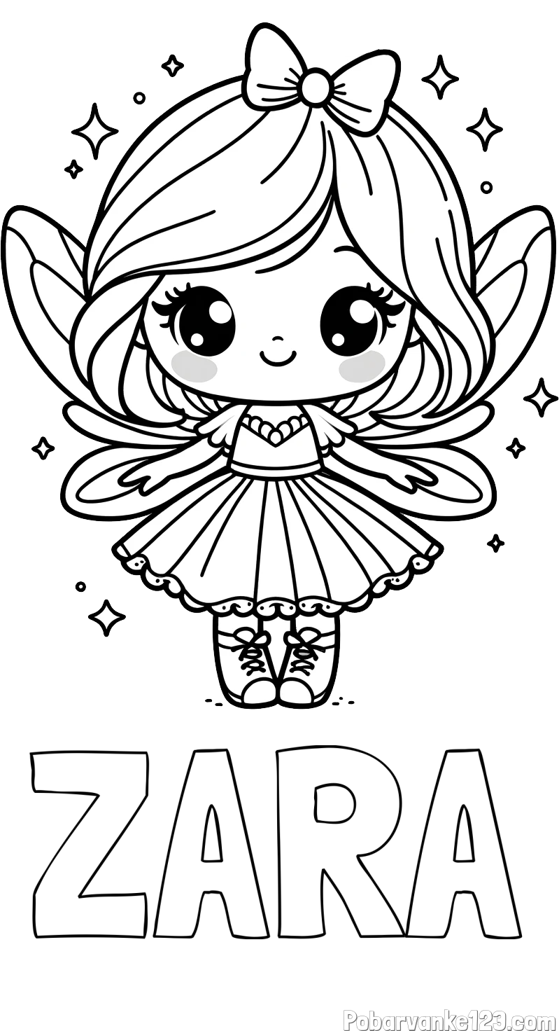 Pobarvanka imena ZARA in pobarvanka čarobne vile z ljubkim obrazom