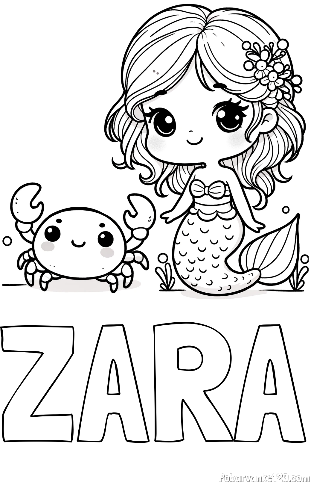Pobarvanka imena ZARA in pobarvanka ljubke morske deklice in veselega raka
