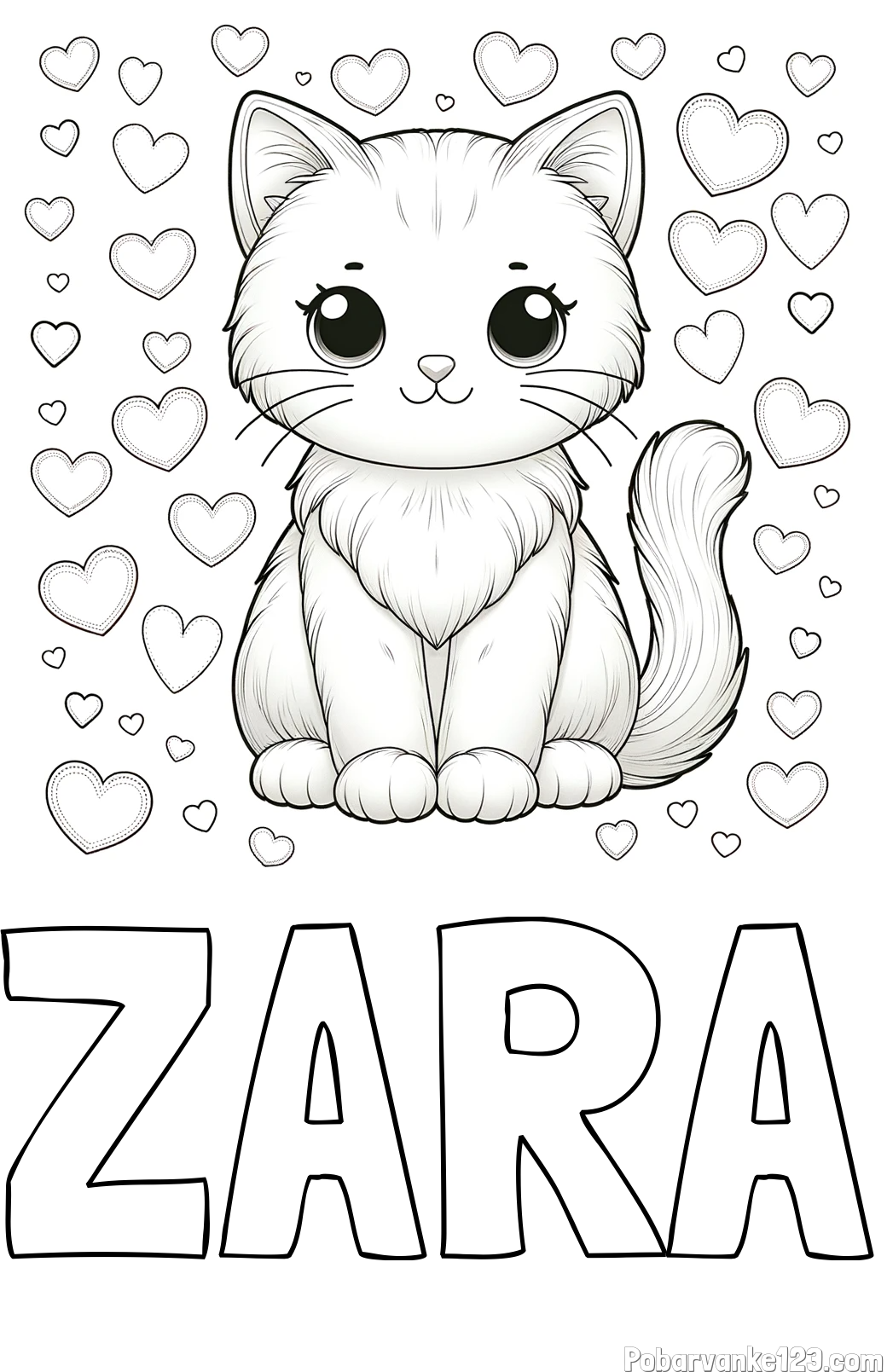 Pobarvanka imena ZARA in pobarvanka ljubke mucke obdane s srčki