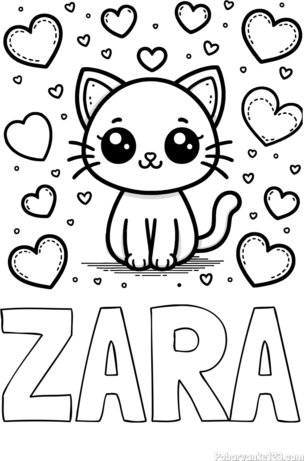 Pobarvanka imena ZARA in pobarvanka ljubke mucke obdane z veliko srčki