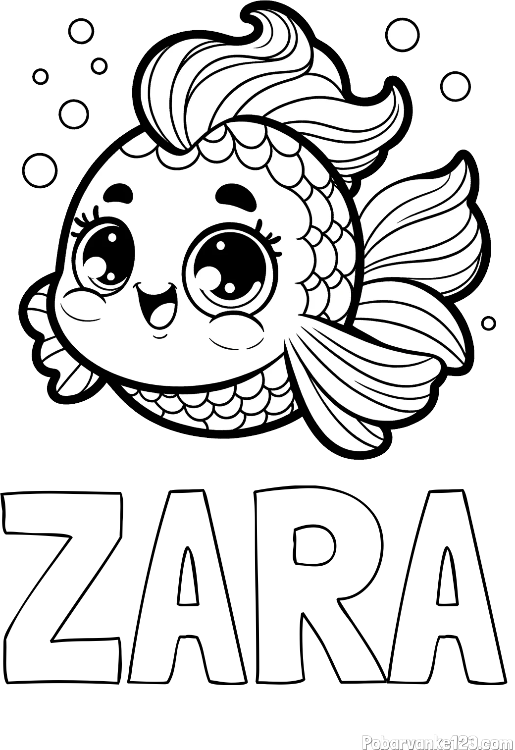 Pobarvanka imena ZARA in pobarvanka ljubke pravljične ribe