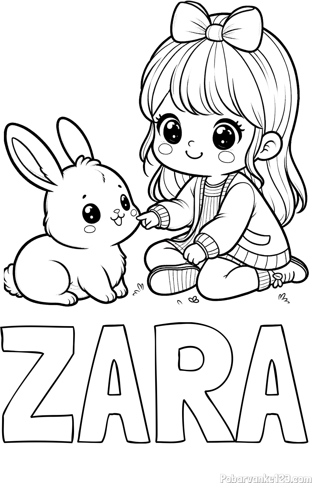 Pobarvanka imena ZARA in pobarvanka ljubke punčke, ki se igra z zajčkom