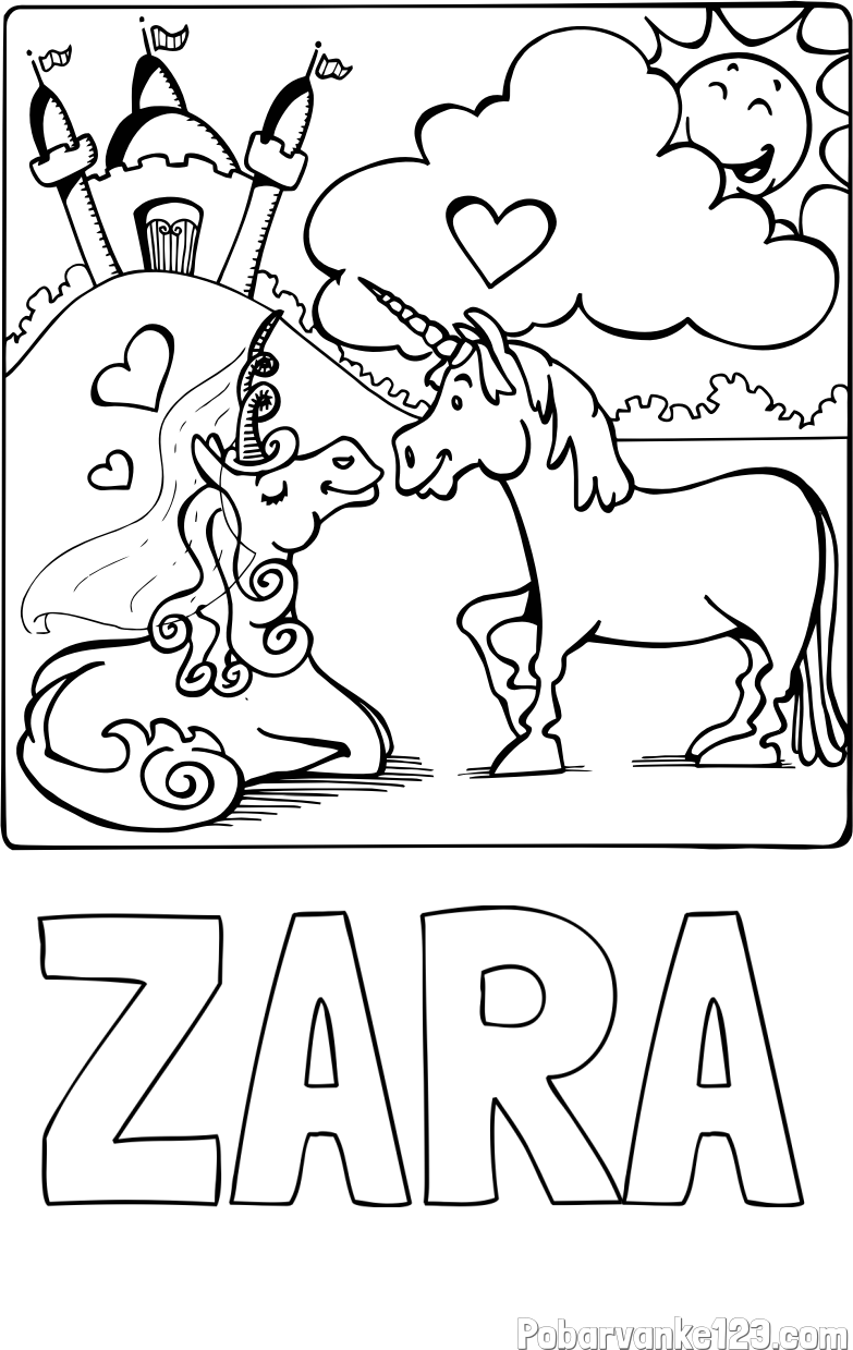 Pobarvanka imena ZARA in pobarvanka zaljubljenih samorogov