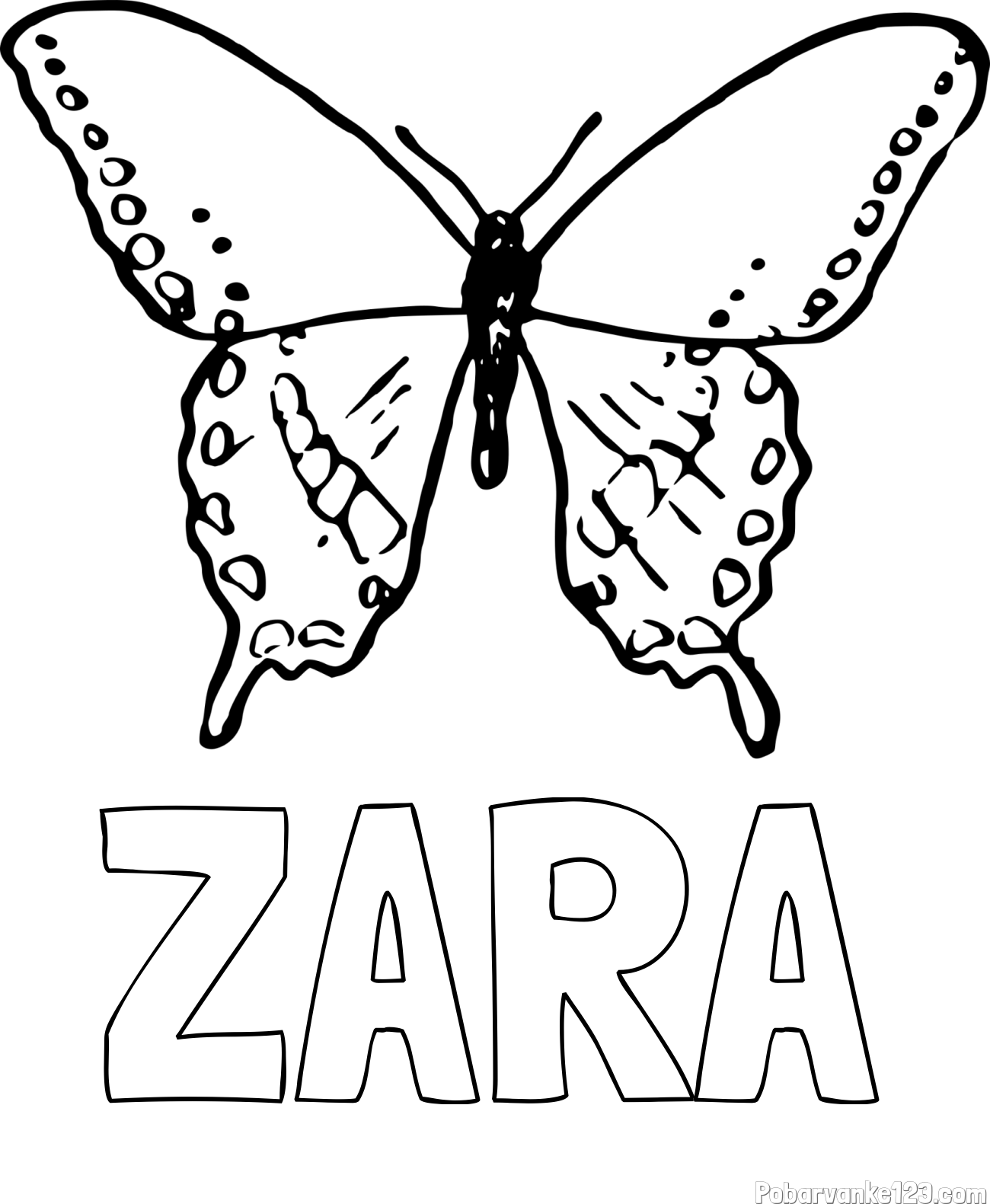Pobarvanka imena ZARA in starejša in preprosta pobarvanka metulja