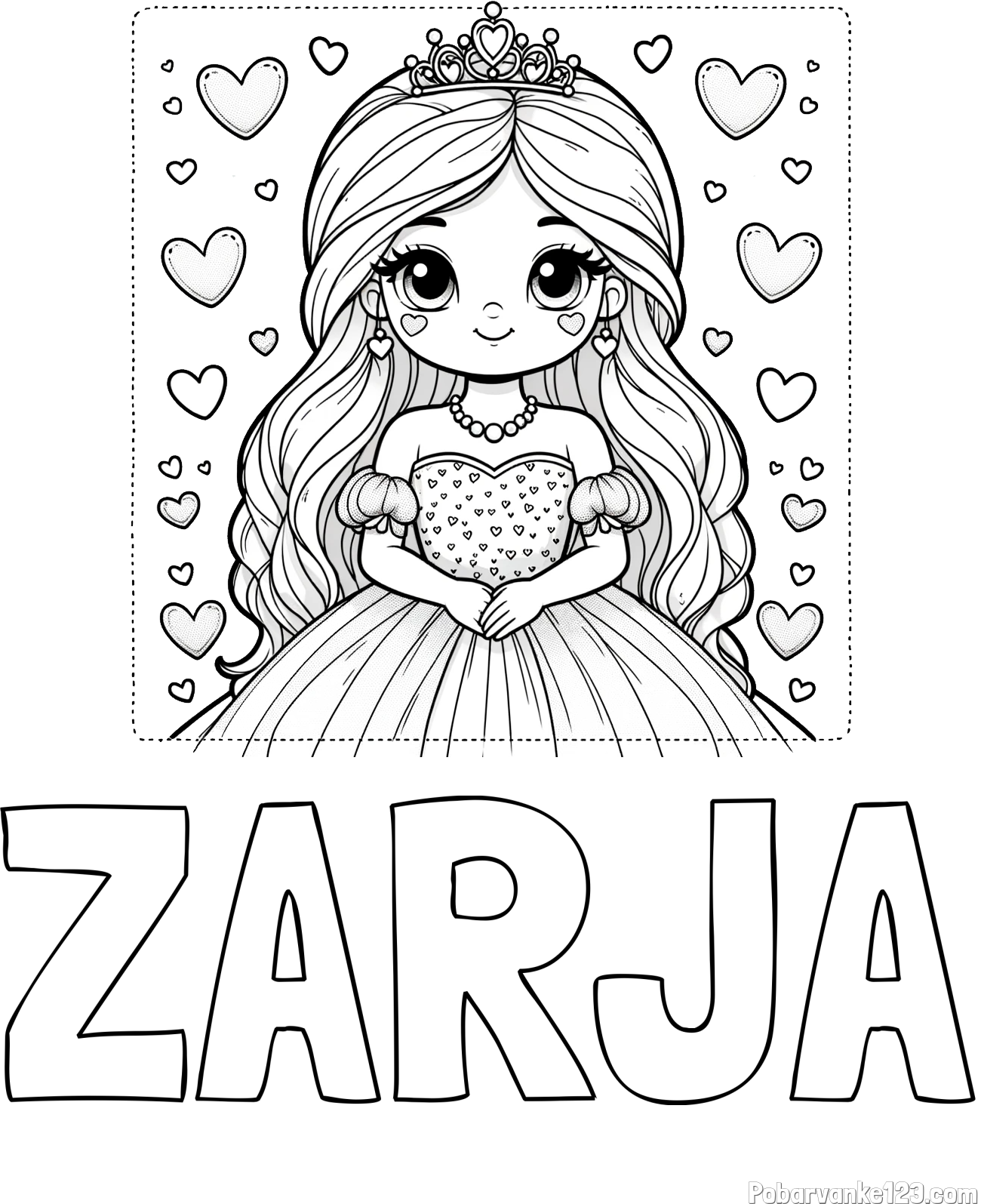 Pobarvanka imena ZARJA in pobarvanka ljubke princese obdane s srčki