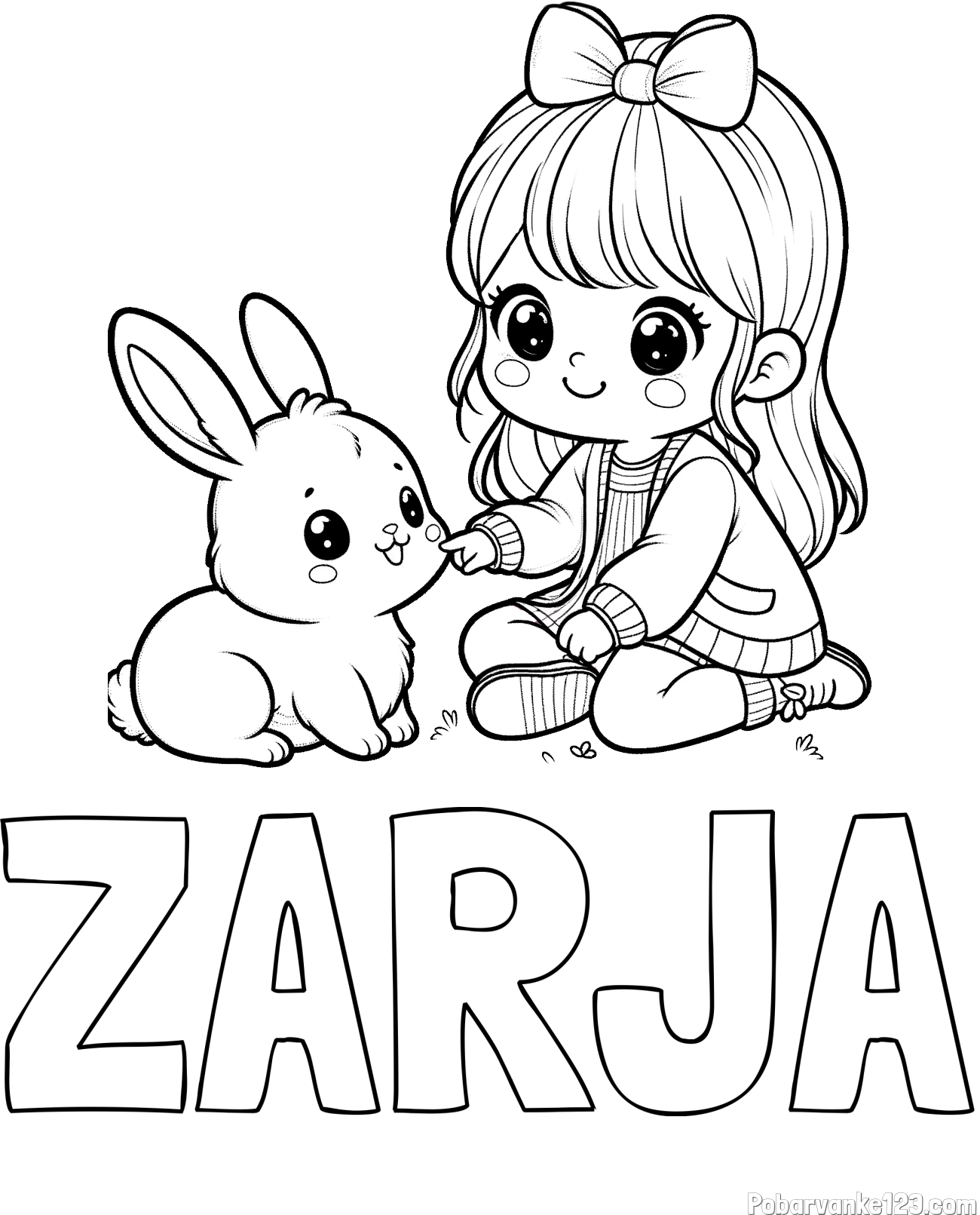 Pobarvanka imena ZARJA in pobarvanka ljubke punčke, ki se igra z zajčkom
