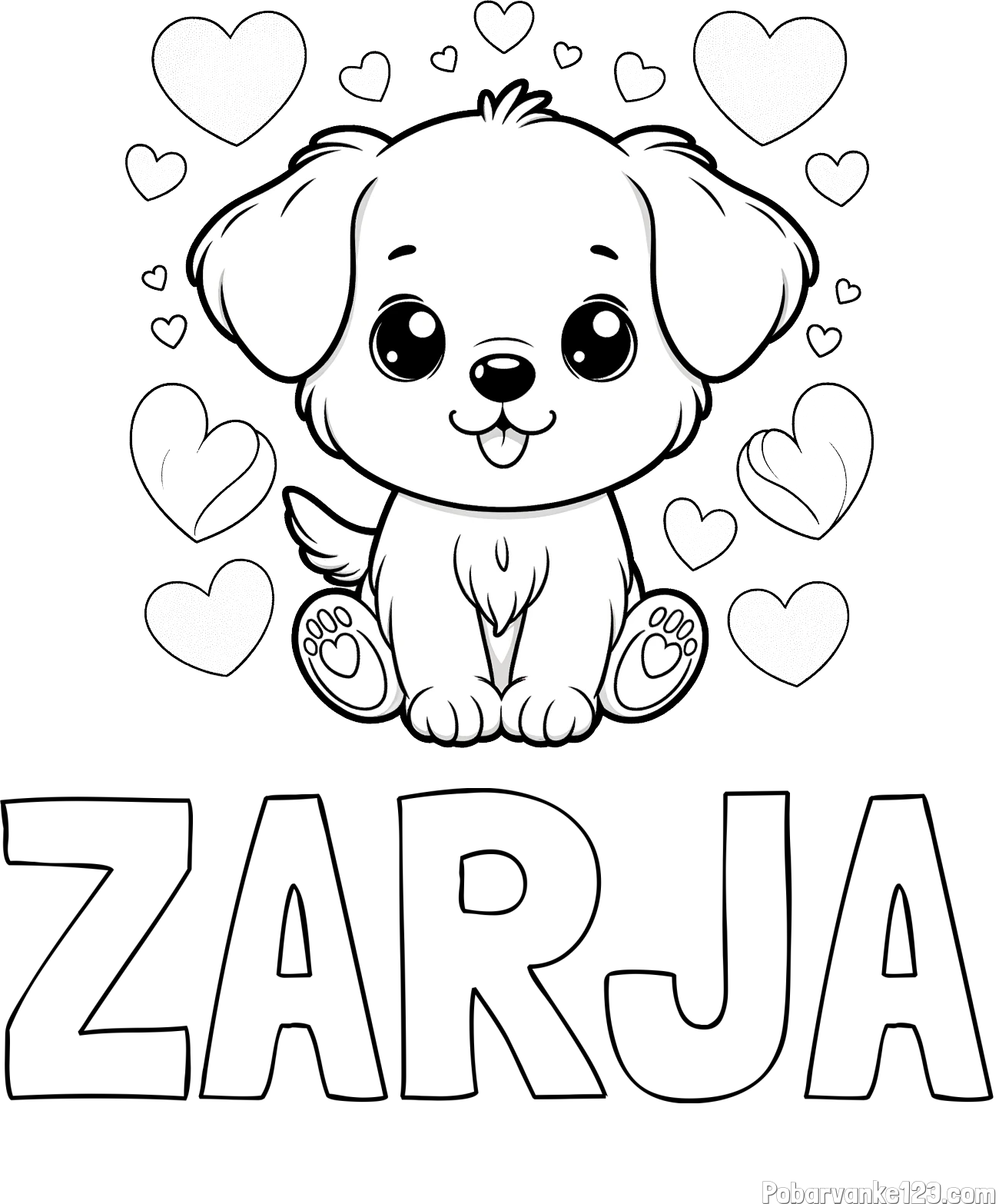 Pobarvanka imena ZARJA in pobarvanka ljubkega kužka obdanega s srčki
