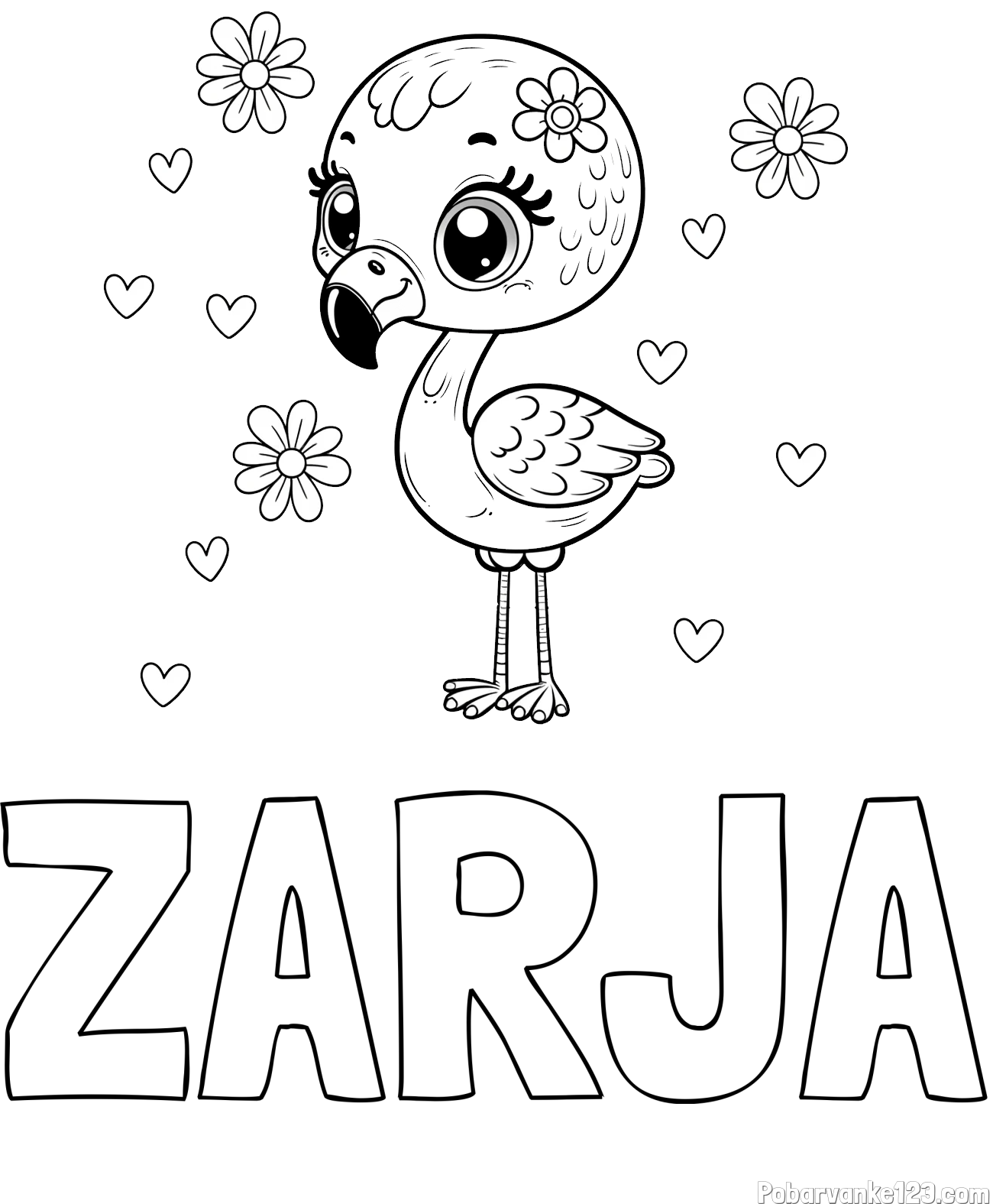 Pobarvanka imena ZARJA in pobarvanka mladička flaminga z rožicami in srčki