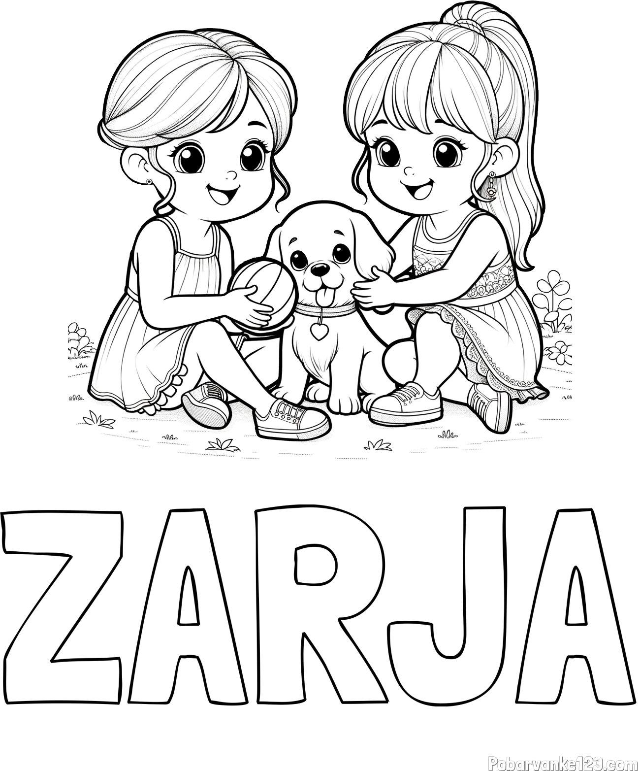 Pobarvanka imena ZARJA in pobarvanka prijateljic s kužkom