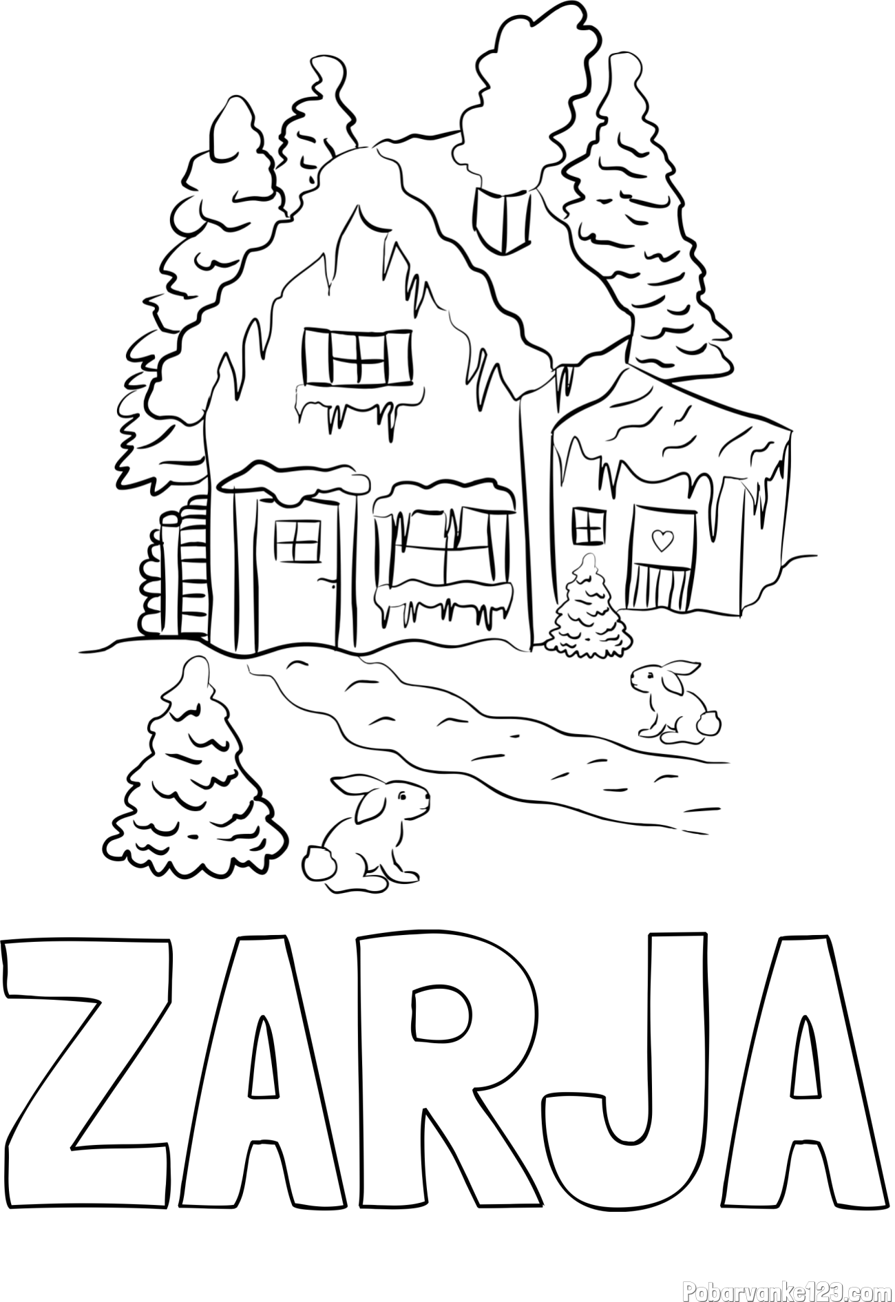 Pobarvanka imena ZARJA in pobarvanka zasnežene hiše