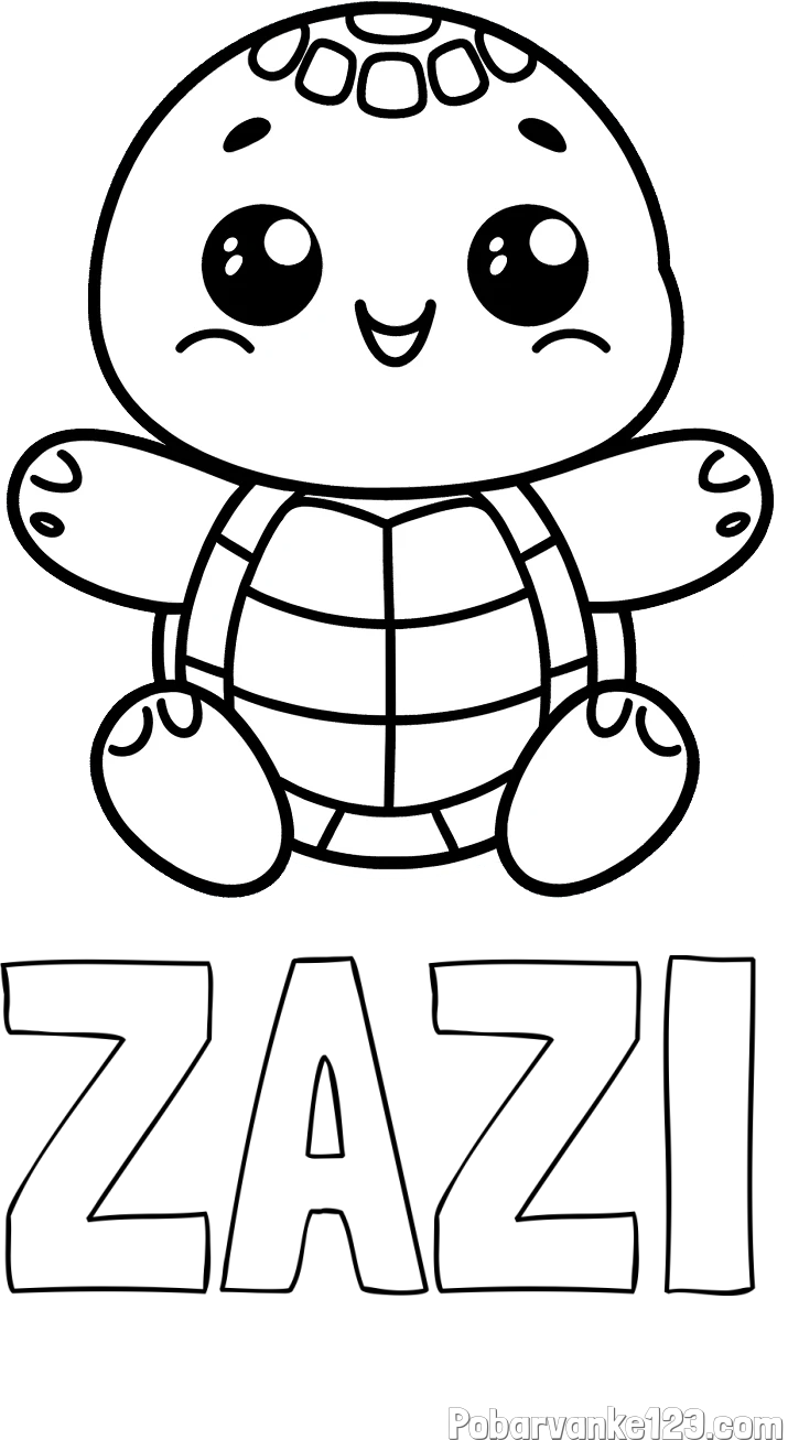 Pobarvanka imena ŽAŽI in otroška pobarvanka ljubke in nasmejane želvice