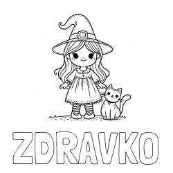 Online izdelana pobarvanka - Pobarvanka imena ZDRAVKO in Čudovita pobarvanka ljubke čarovnice in nasmejane mačke