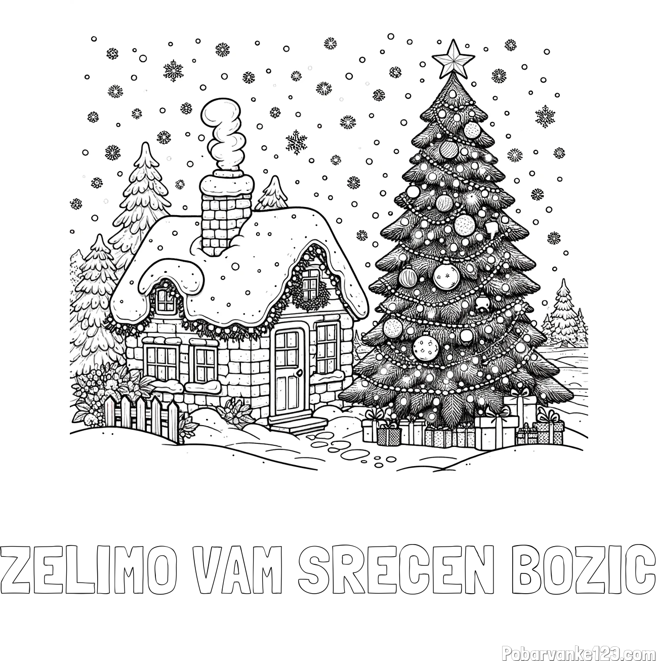Pobarvanka imena ŽELIMO VAM SREČEN BOŽIČ in pobarvanka zasnežene hiške na božično noč