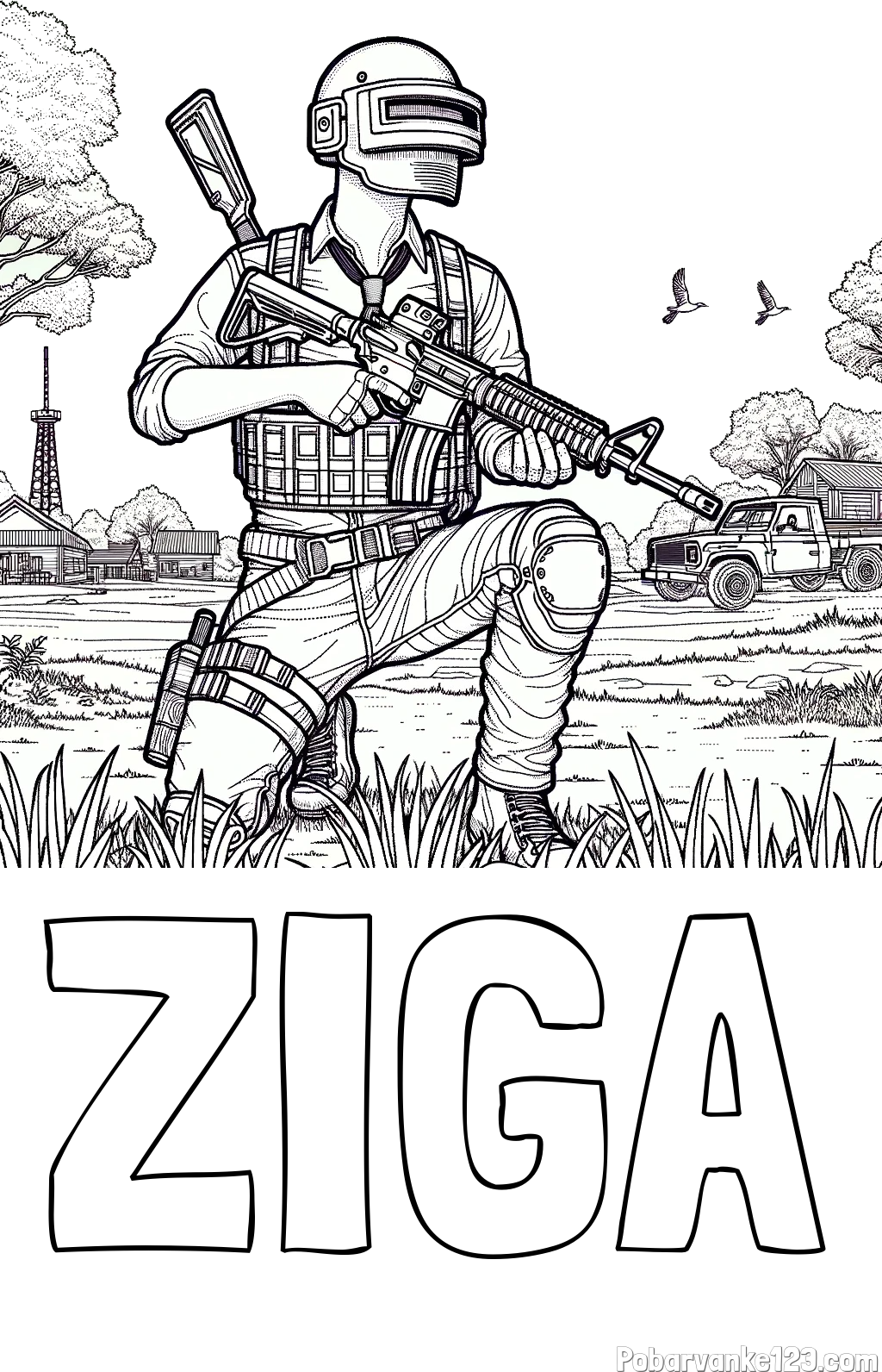 Pobarvanka imena ŽIGA in PUBG pobarvanka glavnega lika v klečečem položaju