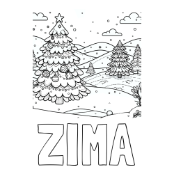 Online izdelana pobarvanka - Pobarvanka imena ZIMA in pobarvanka božične smrečice v naravi