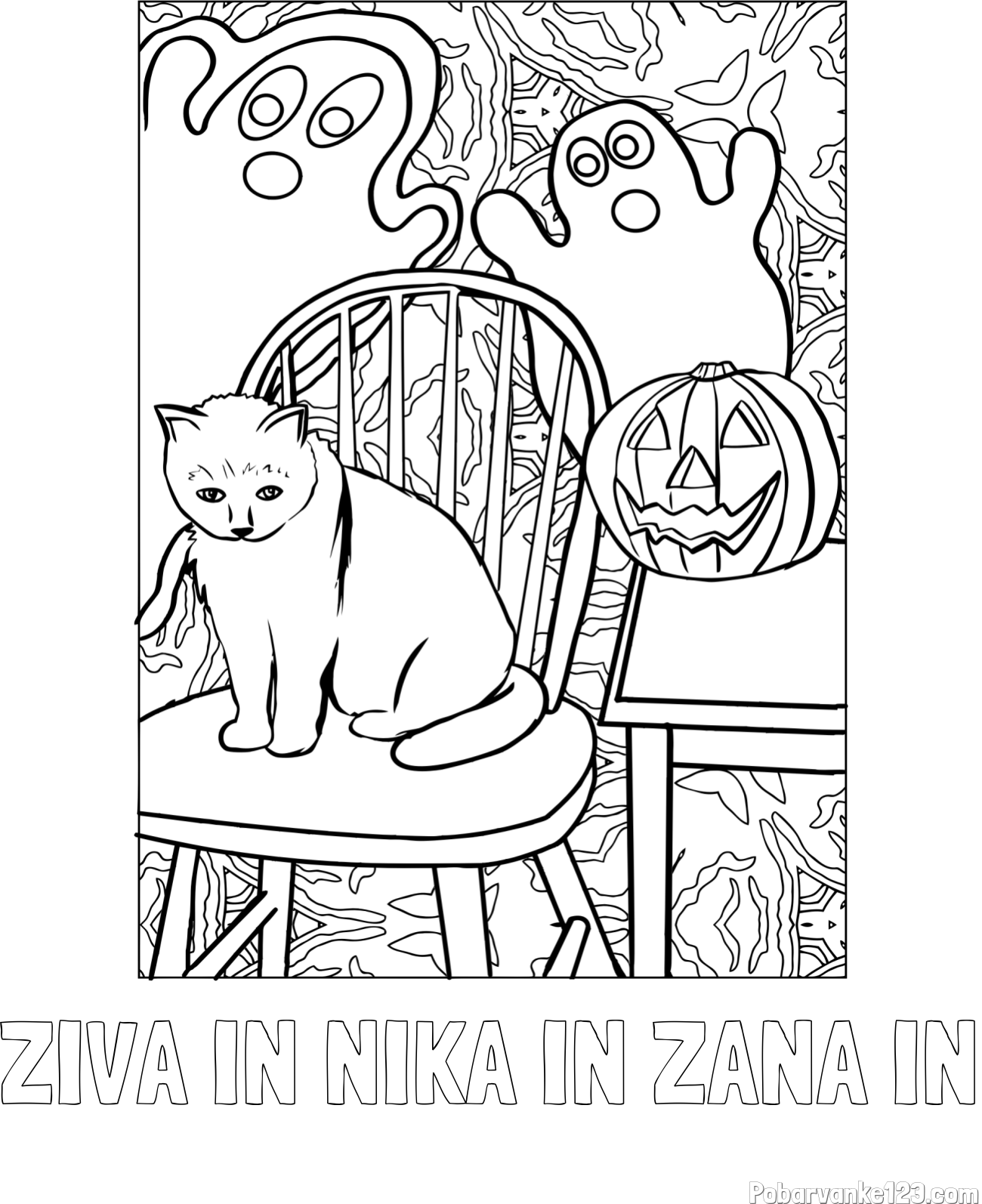 Pobarvanka imena ŽIVA IN NIKA IN ŽANA IN in pobarvanka mačke, duhcev ter velike nasmejane buče za noč čarovnic