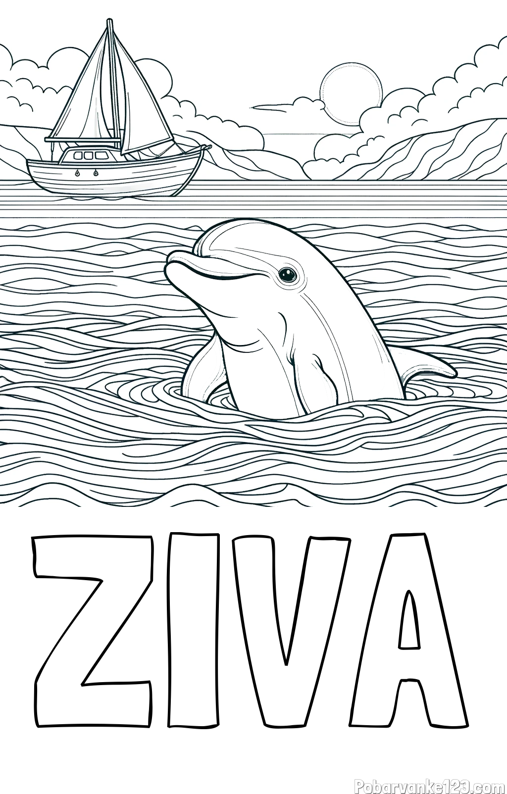 Pobarvanka imena ŽIVA in pobarvanka delfina v morju ter jadrnice