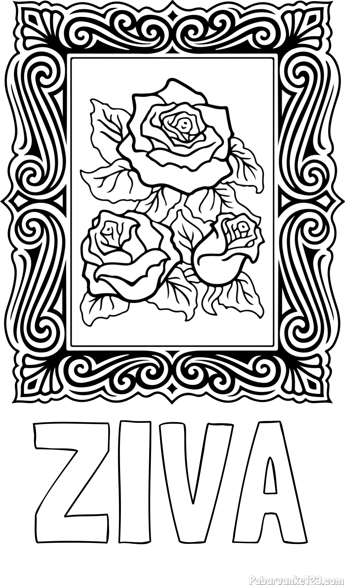 Pobarvanka imena ŽIVA in pobarvanka  uokvirjene slike vrtnic