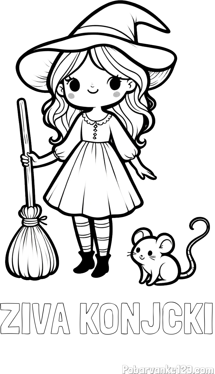 Pobarvanka imena ŽIVA KONJČKI in pobarvanka čarovnice z metlo in miško