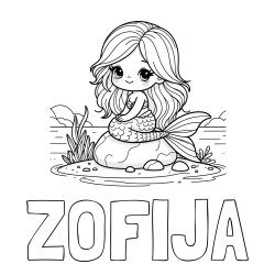 Online izdelana pobarvanka - Pobarvanka imena ZOFIJA in pobarvanka prikupne morske deklice, ki sedi na kamnu ob obali
