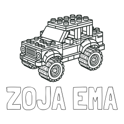 Online izdelana pobarvanka - Pobarvanka imena ZOJA EMA in pobarvanka džipa sestavljenega iz LEGO kock