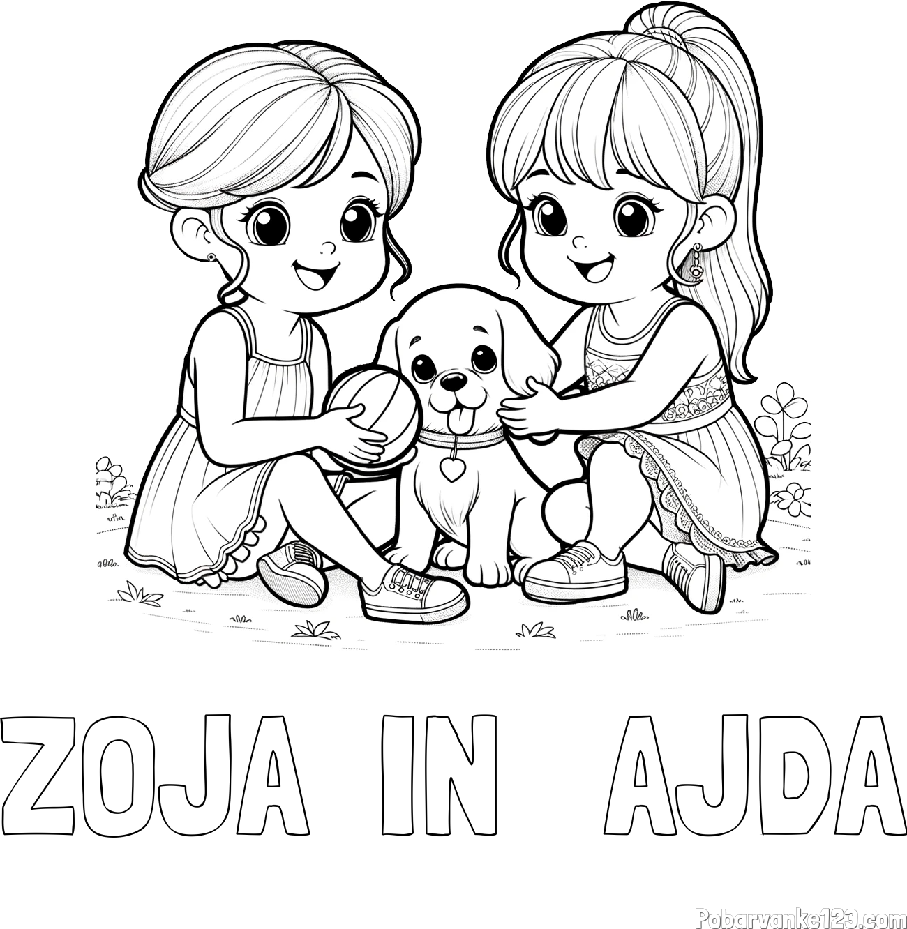 Pobarvanka imena ZOJA  IN   AJDA in pobarvanka prijateljic s kužkom