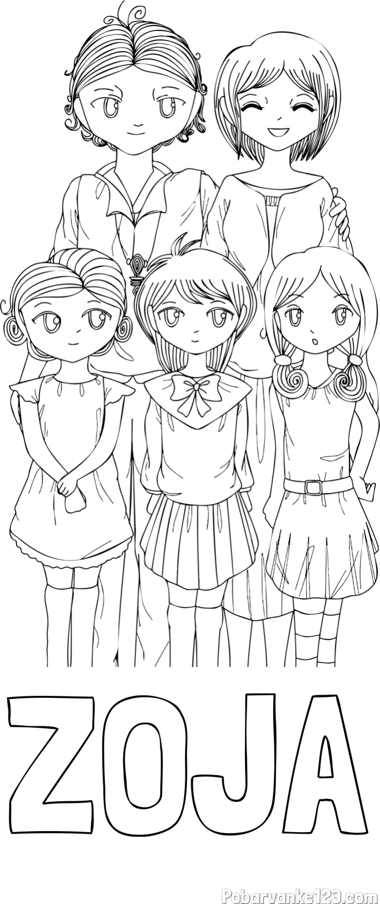 Pobarvanka imena ZOJA in anime risani junaki