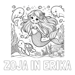 Online izdelana pobarvanka - Pobarvanka imena ZOJA IN ERIKA in pobarvana ljubke morske deklice s prijatelji