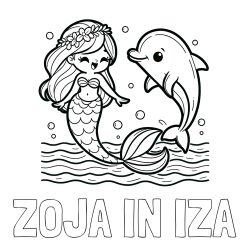 Online izdelana pobarvanka - Pobarvanka imena ZOJA IN IZA in pobarvanka ljubke morske deklice, ki pleše z delfinom