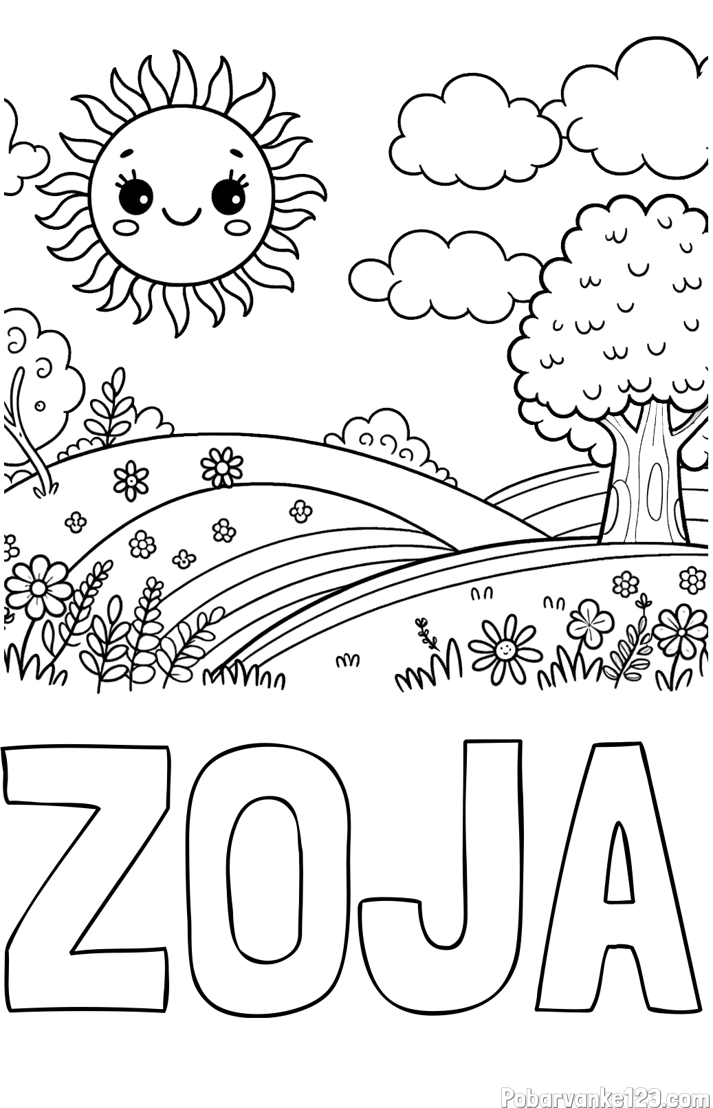Pobarvanka imena ZOJA in otroška pobarvanka narave