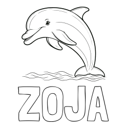 Pobarvanka imena ZOJA in otroška pobarvanka nasmejanega delfina v skoku