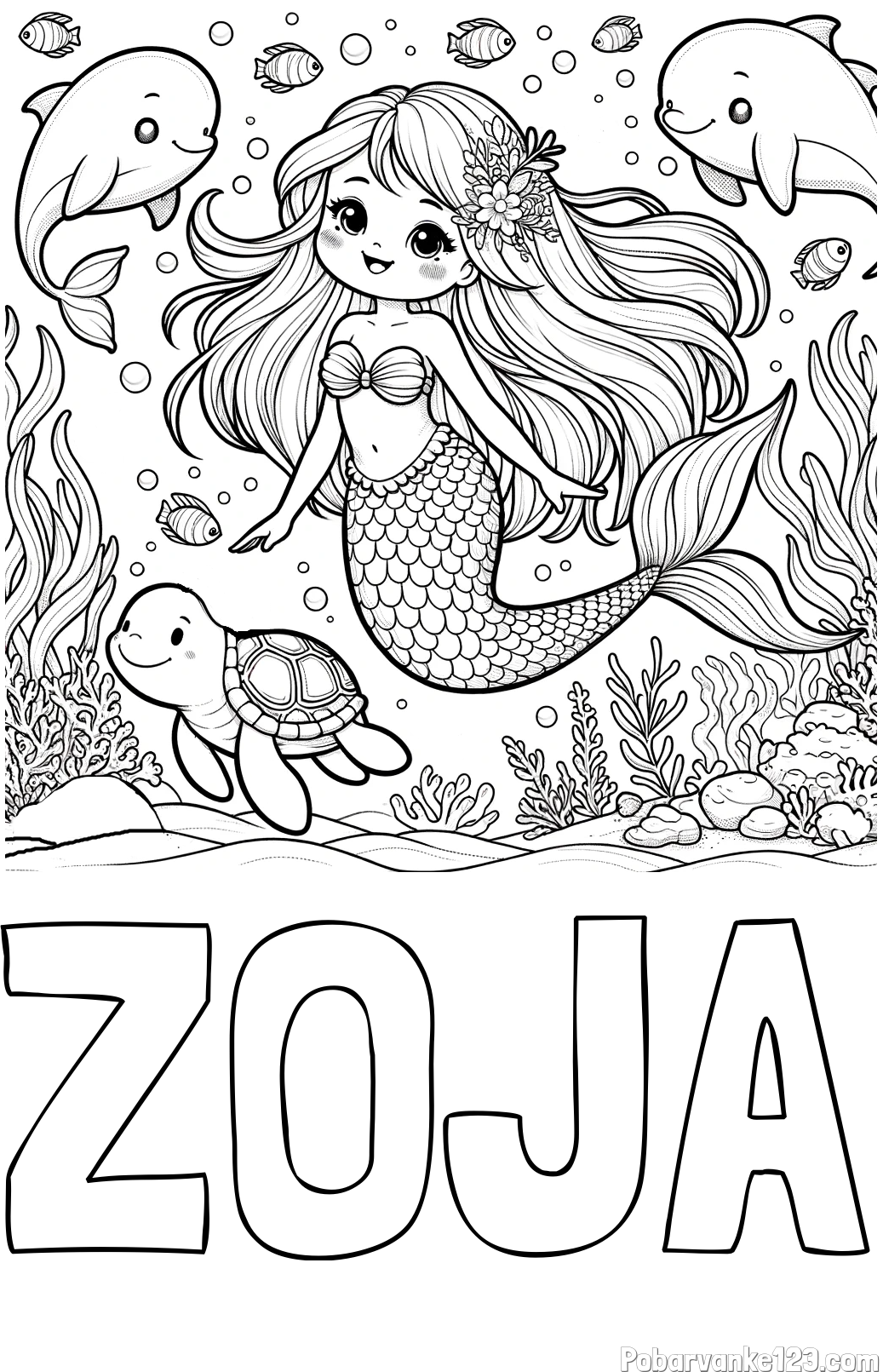 Pobarvanka imena ZOJA in pobarvana ljubke morske deklice s prijatelji