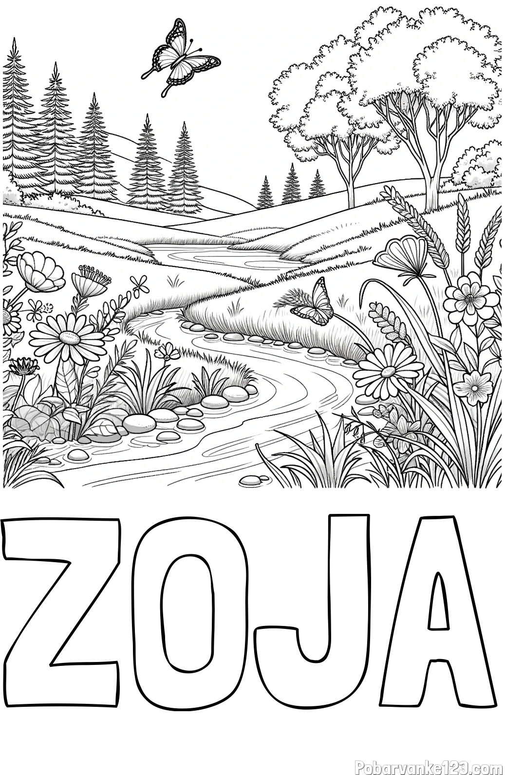 Pobarvanka imena ZOJA in pobarvanka cvetoče narave