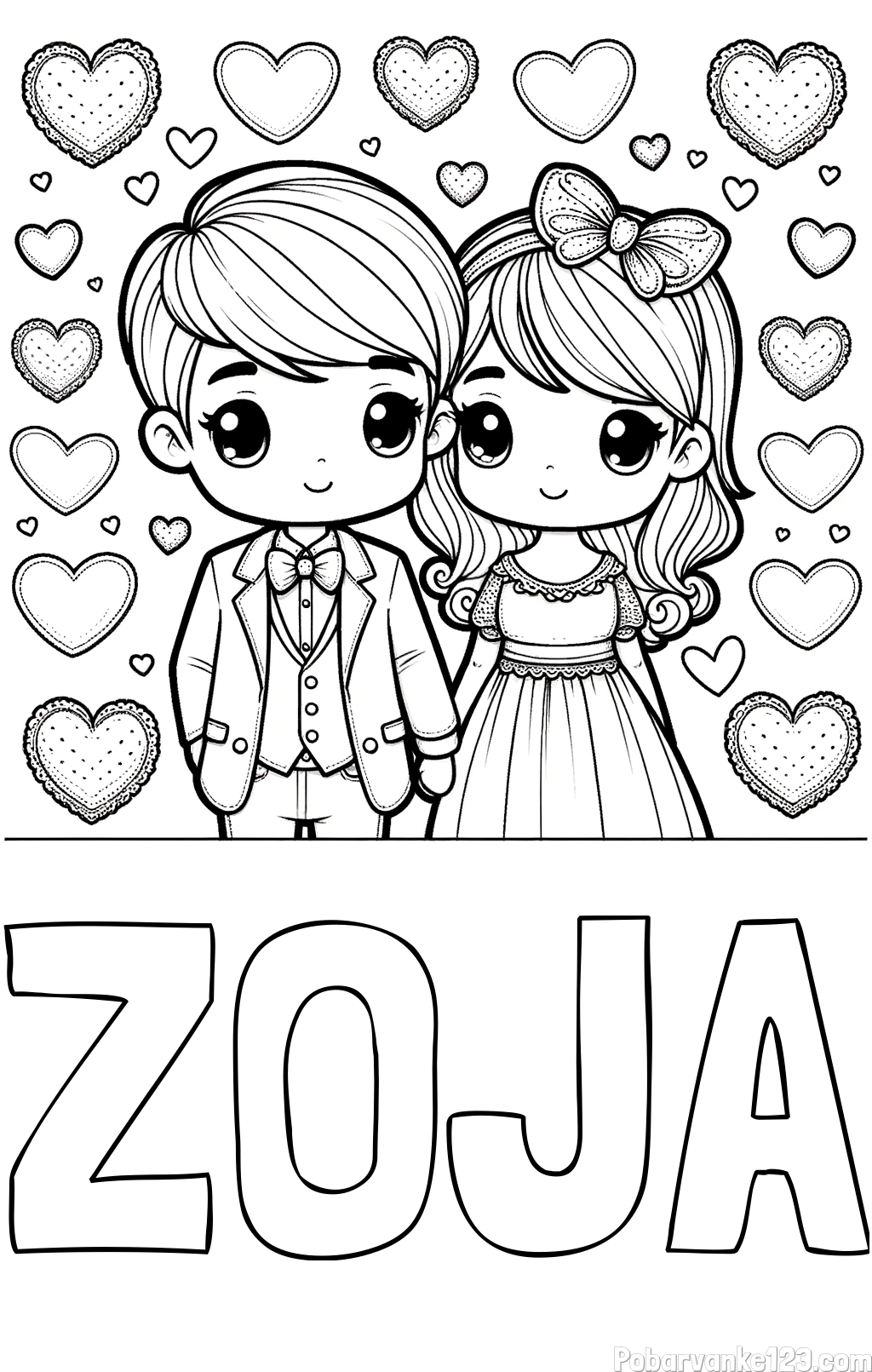 Pobarvanka imena ZOJA in pobarvanka dveh zaljubljencev s srčki