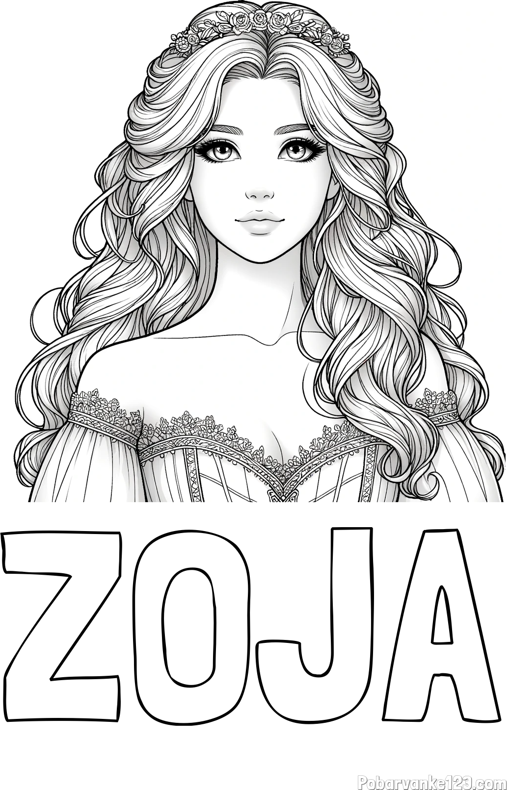 Pobarvanka imena ZOJA in pobarvanka lepe princese